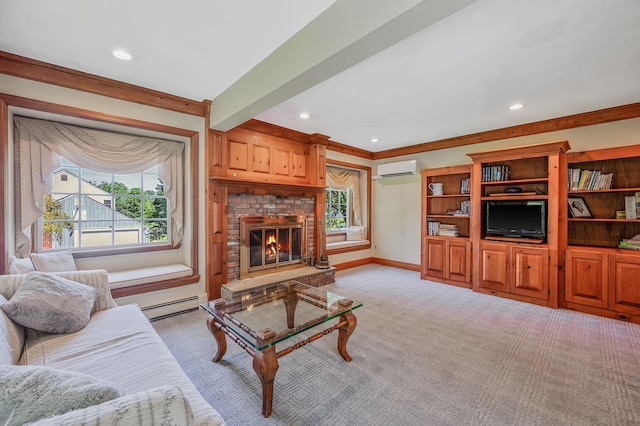 2 Seaview Ln, Mount Sinai, NY 11766 - living area with a wall mounted AC, plenty of natural light, light colored carpet, a baseboard heating unit, and ornamental molding