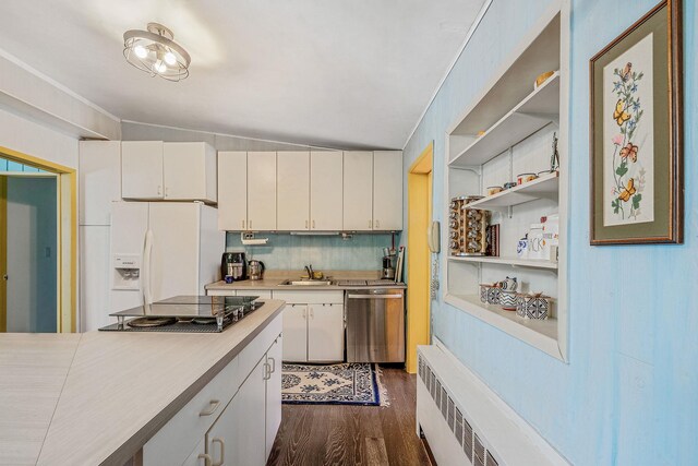 26 Liber Blvd, Farmingville, NY 11738 - kitchen with dishwasher, white fridge with ice dispenser, light countertops, dark wood-type flooring, and white cabinetry