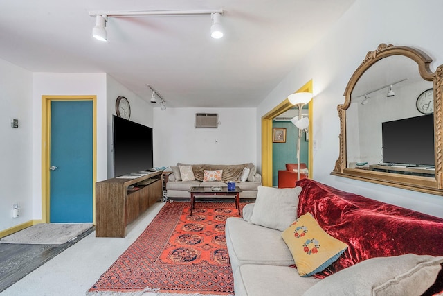 26 Liber Blvd, Farmingville, NY 11738 - carpeted living room featuring rail lighting and a wall mounted air conditioner