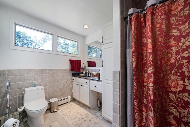 26 Liber Blvd, Farmingville, NY 11738 - full bath with tile walls, tile patterned flooring, plenty of natural light, vanity, and curtained shower
