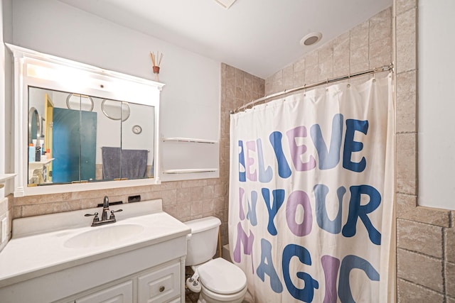 26 Liber Blvd, Farmingville, NY 11738 - bathroom with tile walls, vanity, and a shower with shower curtain