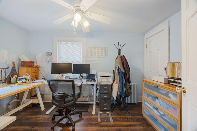 19 Russell St, Roslyn Heights, NY 11577 - office area featuring radiator heating unit, wood finished floors, and a ceiling fan