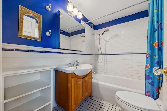 19 Russell St, Roslyn Heights, NY 11577 - full bathroom with shower / bathtub combination with curtain, tile walls, vanity, and a wainscoted wall