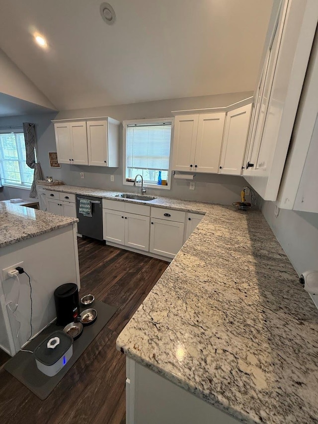 153 Ridgewood Ave, Middletown, NY 10940 - kitchen featuring dishwasher, lofted ceiling, dark wood finished floors, white cabinets, and light stone countertops