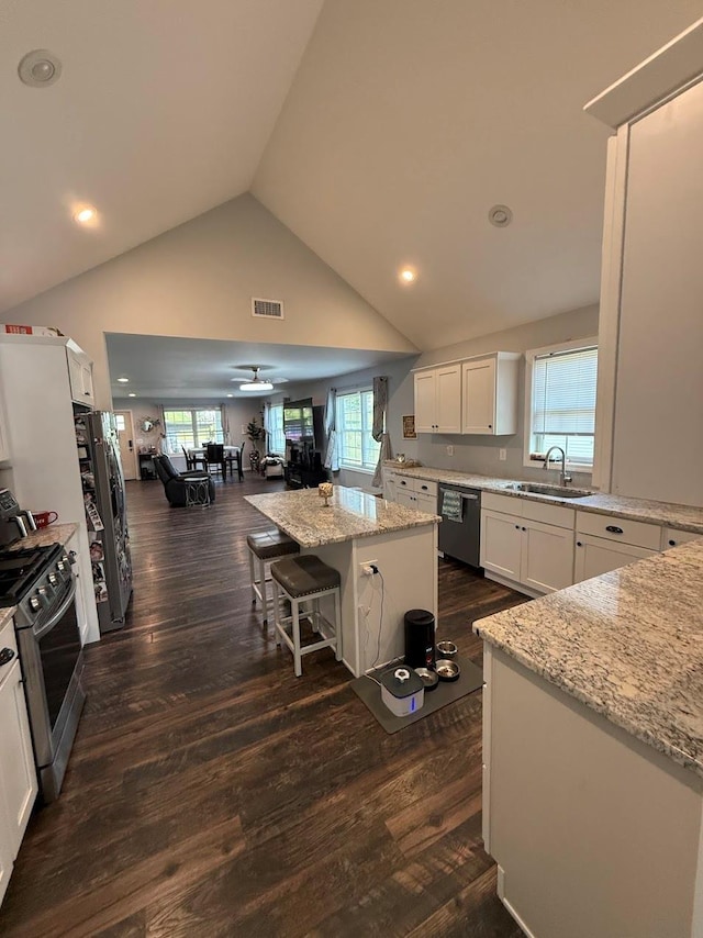 153 Ridgewood Ave, Middletown, NY 10940 - kitchen featuring appliances with stainless steel finishes, healthy amount of natural light, dark wood-style flooring, white cabinetry, and high vaulted ceiling
