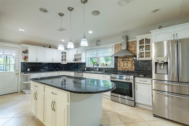 17 Hicks Ln, Great Neck, NY 11024 - kitchen featuring stainless steel appliances, wall chimney range hood, open shelves, light tile patterned floors, and decorative backsplash