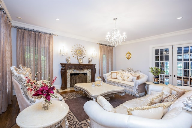 11 Black Rock Rd, Muttontown, NY 11545 - living area with ornamental molding, a chandelier, wood finished floors, a high end fireplace, and recessed lighting