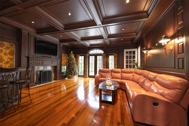 11 Black Rock Rd, Muttontown, NY 11545 - living area featuring a decorative wall, ornamental molding, wood finished floors, a high end fireplace, and beamed ceiling