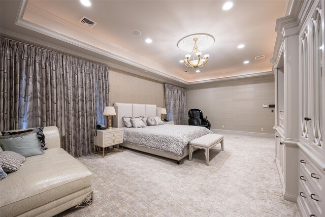 11 Black Rock Rd, Muttontown, NY 11545 - bedroom featuring ornamental molding, a tray ceiling, a chandelier, recessed lighting, and light carpet