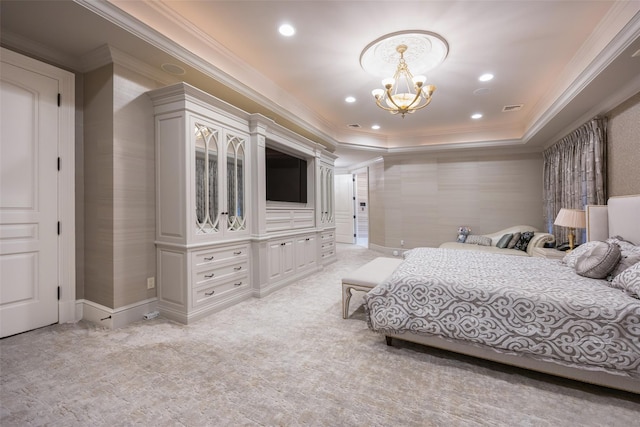 11 Black Rock Rd, Muttontown, NY 11545 - bedroom with ornamental molding, a chandelier, light carpet, recessed lighting, and a tray ceiling