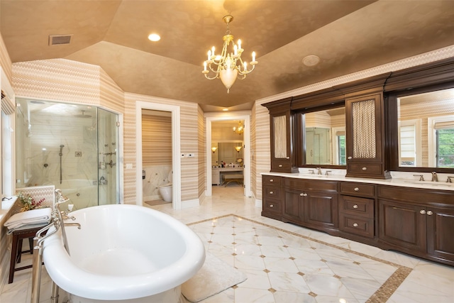 11 Black Rock Rd, Muttontown, NY 11545 - bathroom with a chandelier, a stall shower, a freestanding bath, double vanity, and inlaid floor details