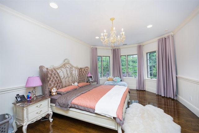 11 Black Rock Rd, Muttontown, NY 11545 - bedroom with a chandelier, ornamental molding, a wainscoted wall, wood finished floors, and recessed lighting