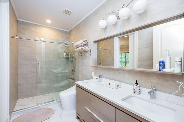 11 Black Rock Rd, Muttontown, NY 11545 - bathroom with ornamental molding, a shower stall, double vanity, and tile walls