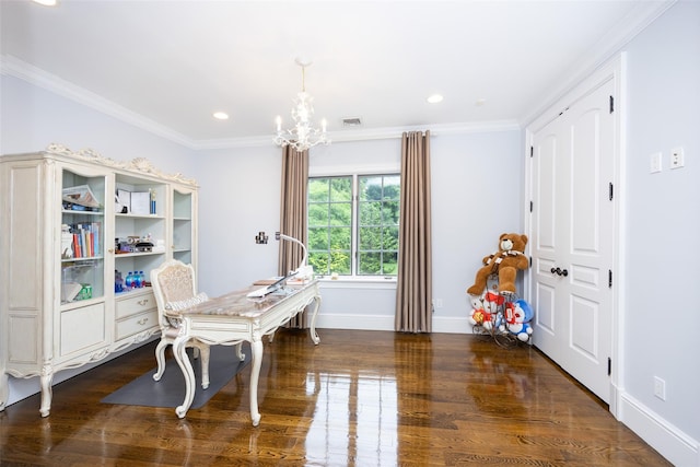11 Black Rock Rd, Muttontown, NY 11545 - office with a chandelier, wood finished floors, ornamental molding, and recessed lighting