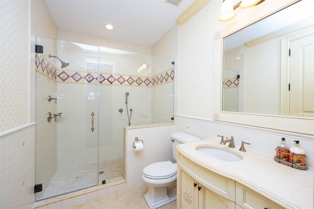 11 Black Rock Rd, Muttontown, NY 11545 - full bath with wallpapered walls, a stall shower, vanity, wainscoting, and tile walls