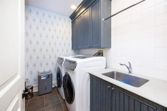 11 Black Rock Rd, Muttontown, NY 11545 - washroom featuring wallpapered walls, cabinet space, washer and clothes dryer, and dark tile patterned flooring