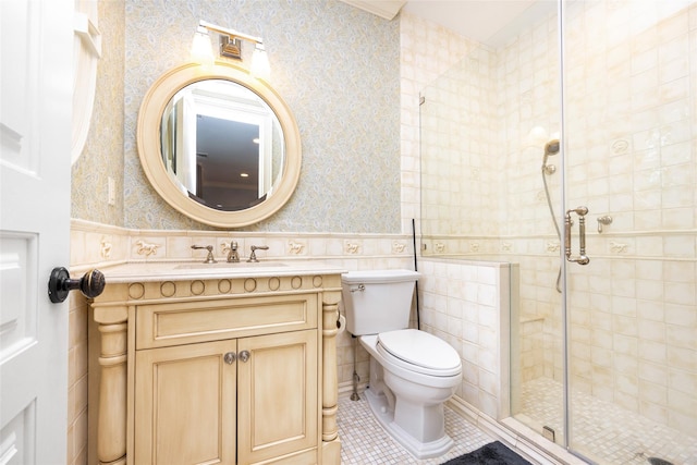 11 Black Rock Rd, Muttontown, NY 11545 - bathroom featuring wallpapered walls, a shower stall, wainscoting, vanity, and tile patterned flooring