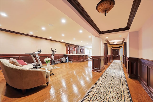 11 Black Rock Rd, Muttontown, NY 11545 - interior space with ornamental molding, wainscoting, light wood-style floors, a decorative wall, and recessed lighting