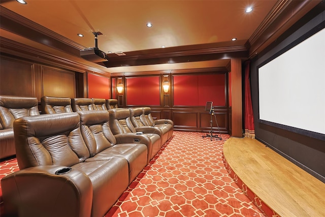 11 Black Rock Rd, Muttontown, NY 11545 - carpeted home theater room with a decorative wall, ornamental molding, and recessed lighting