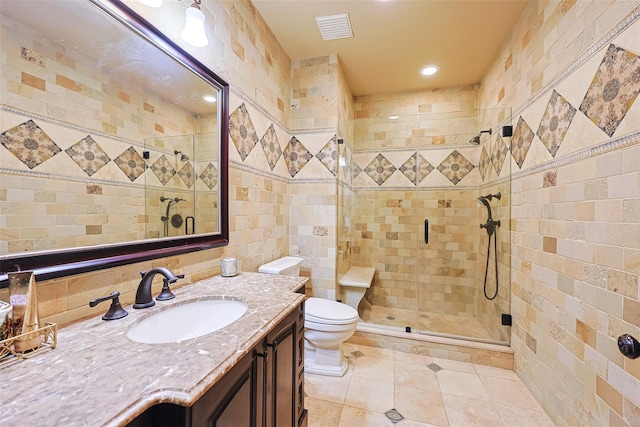 11 Black Rock Rd, Muttontown, NY 11545 - full bath featuring tile walls, a stall shower, vanity, tile patterned flooring, and recessed lighting