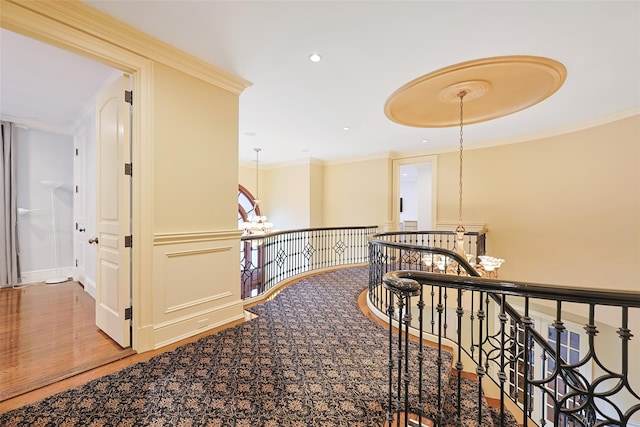 11 Black Rock Rd, Muttontown, NY 11545 - hallway featuring a chandelier, an upstairs landing, crown molding, and recessed lighting