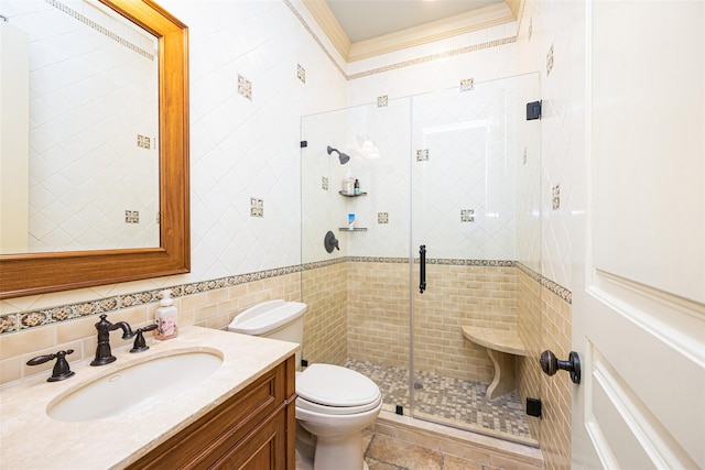 11 Black Rock Rd, Muttontown, NY 11545 - bathroom with tile walls, a stall shower, vanity, and ornamental molding
