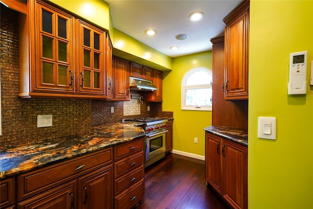 342 Mildred St, Oceanside, NY 11572 - kitchen featuring luxury range, under cabinet range hood, decorative backsplash, dark wood-style floors, and glass insert cabinets