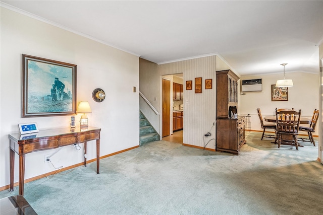 337 Atlantic Ave, Massapequa Park, NY 11762 - carpeted dining space with crown molding, stairway, and a wall mounted air conditioner