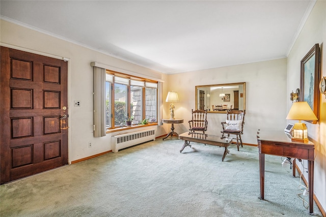 337 Atlantic Ave, Massapequa Park, NY 11762 - foyer entrance featuring radiator, carpet flooring, and crown molding