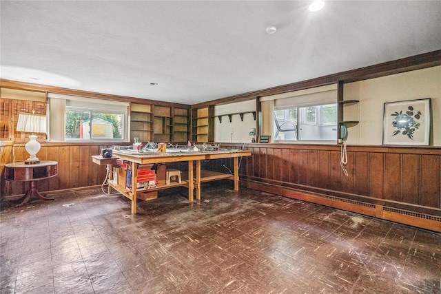 337 Atlantic Ave, Massapequa Park, NY 11762 - office with wood walls, plenty of natural light, tile patterned floors, wainscoting, and ornamental molding