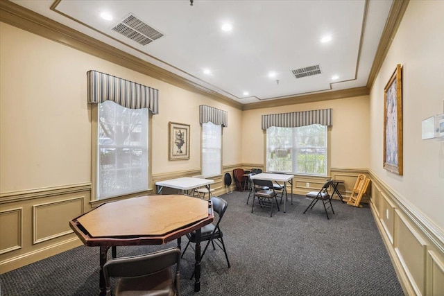 26 N De Baun Ave Unit 303, Suffern, NY 10901 - carpeted dining room with crown molding, a wainscoted wall, a decorative wall, and recessed lighting