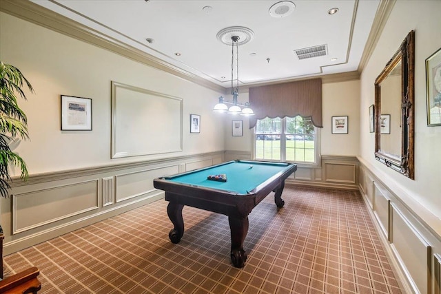 26 N De Baun Ave Unit 303, Suffern, NY 10901 - recreation room featuring a decorative wall, crown molding, carpet floors, pool table, and wainscoting