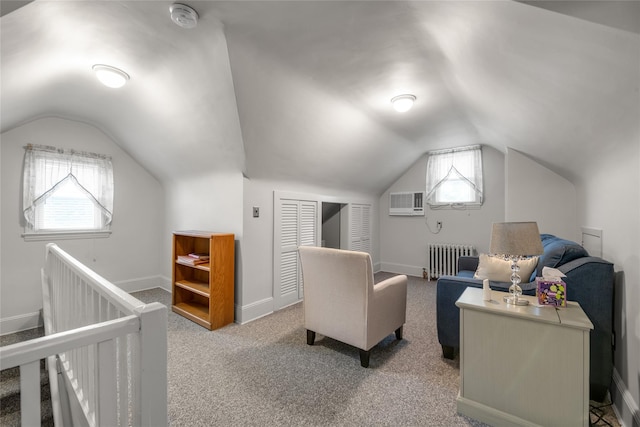 231 Wilson St, West Hempstead, NY 11552 - carpeted bedroom featuring radiator, multiple windows, lofted ceiling, and an AC wall unit