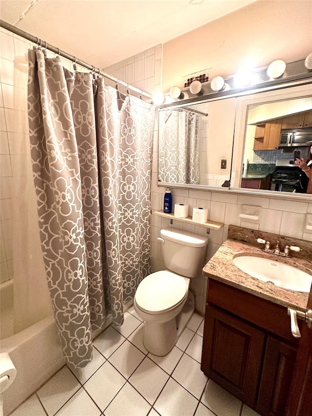 130-14 60th Ave Unit 2E, Flushing, NY 11355 - bathroom featuring shower / tub combo with curtain, tile patterned flooring, vanity, and backsplash