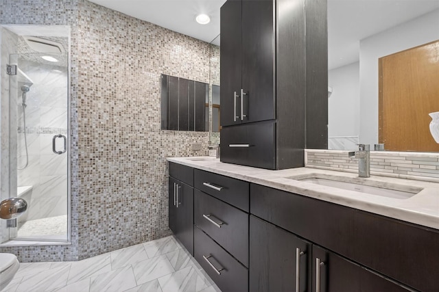 35 Greenlawn Rd, Amawalk, NY 10501 - full bathroom featuring double vanity, a shower stall, marble look tile flooring, and tasteful backsplash