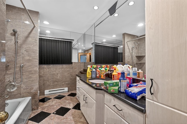 35 Greenlawn Rd, Amawalk, NY 10501 - bathroom featuring a baseboard radiator, vanity, recessed lighting, tile walls, and tub / shower combination