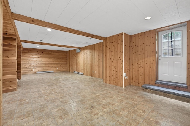 35 Greenlawn Rd, Amawalk, NY 10501 - unfurnished room with wood walls, recessed lighting, a baseboard radiator, and stone finish flooring