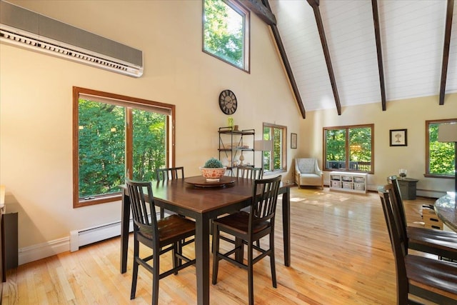 474 Swanson Dr, Thornwood, NY 10594 - dining space with a wall unit AC, light wood finished floors, a high ceiling, baseboard heating, and a wooden ceiling with exposed beams