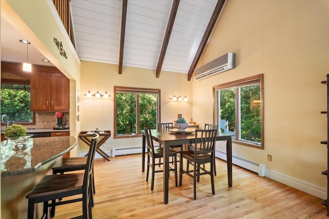 474 Swanson Dr, Thornwood, NY 10594 - dining area with an AC wall unit, a baseboard radiator, light wood-type flooring, and wooden ceiling
