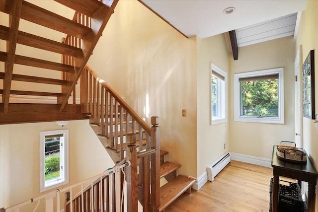 474 Swanson Dr, Thornwood, NY 10594 - staircase featuring baseboard heating, wood finished floors, and beam ceiling