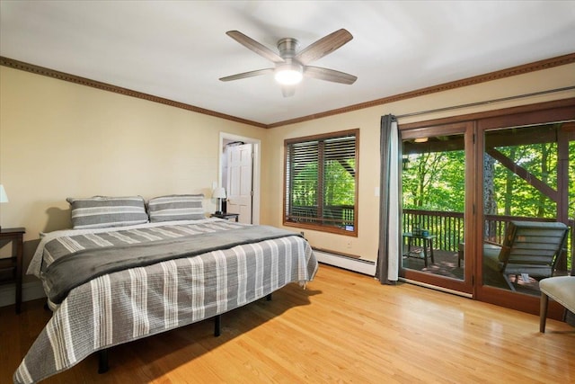 474 Swanson Dr, Thornwood, NY 10594 - bedroom featuring access to exterior, a baseboard radiator, wood finished floors, ornamental molding, and ceiling fan