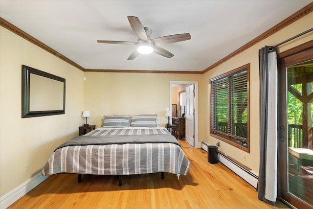 474 Swanson Dr, Thornwood, NY 10594 - bedroom with a baseboard radiator, light wood-style floors, crown molding, a ceiling fan, and access to exterior
