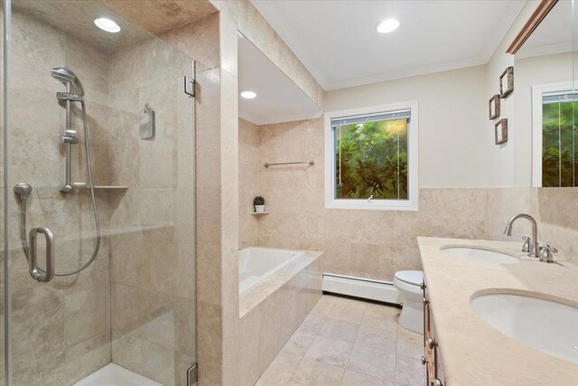 474 Swanson Dr, Thornwood, NY 10594 - full bathroom featuring a baseboard radiator, tile walls, healthy amount of natural light, a shower stall, and crown molding