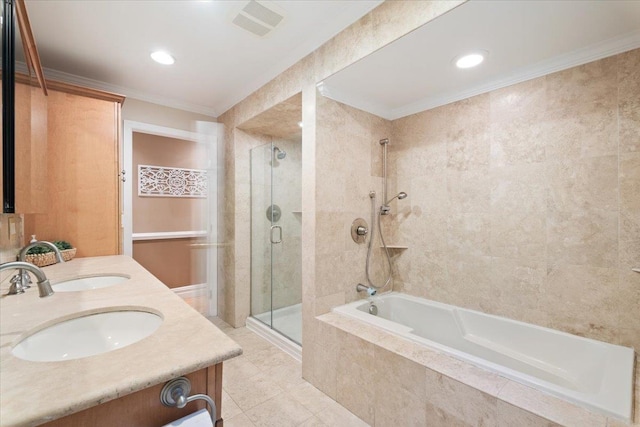 474 Swanson Dr, Thornwood, NY 10594 - full bathroom featuring ornamental molding, double vanity, tile patterned flooring, and recessed lighting