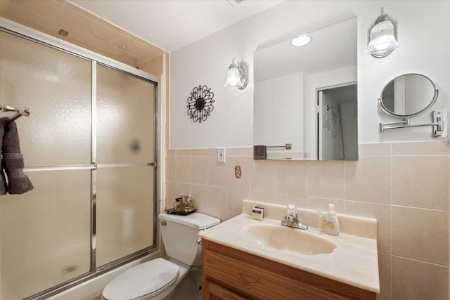 474 Swanson Dr, Thornwood, NY 10594 - full bath featuring vanity, a shower with shower door, tile walls, and decorative backsplash