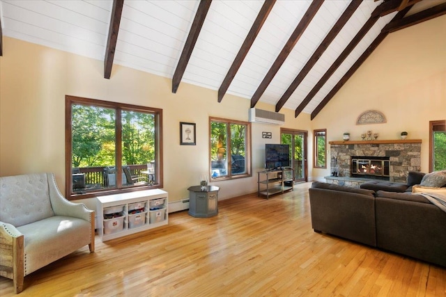 474 Swanson Dr, Thornwood, NY 10594 - living area featuring a baseboard heating unit, a wall mounted AC, light wood-style flooring, high vaulted ceiling, and a wooden ceiling with exposed beams
