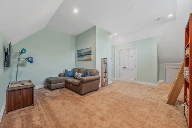 246 Cadman Ave, Babylon, NY 11702 - living room featuring carpet flooring, lofted ceiling, and recessed lighting