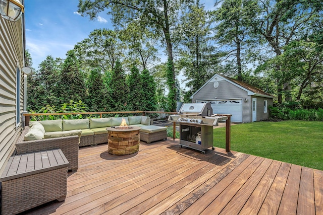 246 Cadman Ave, Babylon, NY 11702 - wooden deck with a grill, an outdoor living space with a fire pit, a yard, an outbuilding, and view of wooded area