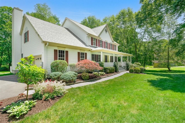 76 Warren St, Somers, NY 10589 - view of front of property with a porch, a shingled roof, a chimney, an attached garage, and a front lawn
