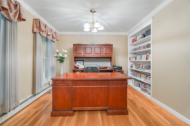 76 Warren St, Somers, NY 10589 - home office featuring a baseboard radiator, light wood-style floors, built in shelves, ornamental molding, and a chandelier